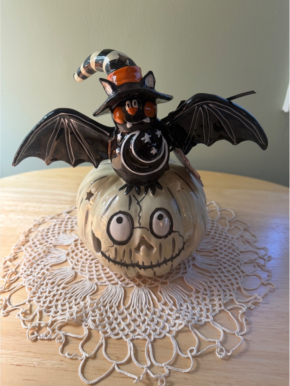 Blue Sky Clayworks Bat on Gray Pumpkin Halloween Tealight Holder